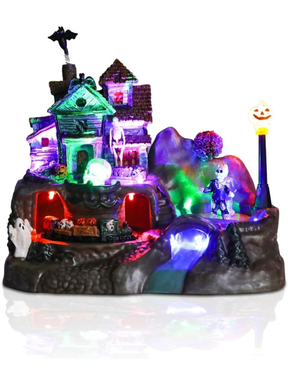 Lighted Haunted House Decor with Animated Train, Skull, Ghost & Pumpkin
